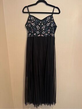 Flirty Black Maxi Dress with Floral Sequin Bust Spaghetti Straps and Sheer Drape